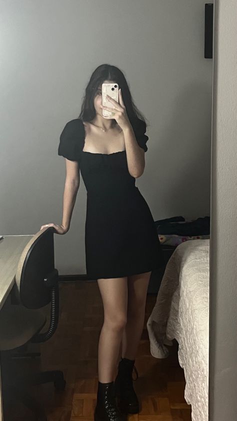 zara black dress Short Dresses Outfit Ideas, Black Dress For Concert, Plain Black Dress Outfit Ideas, Cute Black Dresses Casual, Black Short Dress Aesthetic, Short Black Dress With Boots, Black Dress Midsize, Semi Formal Black Outfits For Women, Graduation Outfit Black