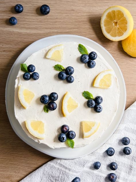 Lemon Blueberry Cake with Whipped Vanilla Cream Cheese Frosting Cake Decorating Blueberries, Lemon Blueberry Cake With Cream Cheese, Lemon Birthday Cake For Men, Mini Birthday Cake Recipe, Blueberry Decorated Cake, Lemon Blueberry Cake Decoration, Fresh Cream Cake Decoration, Lemon Cake Birthday, Summer Birthday Cake Ideas