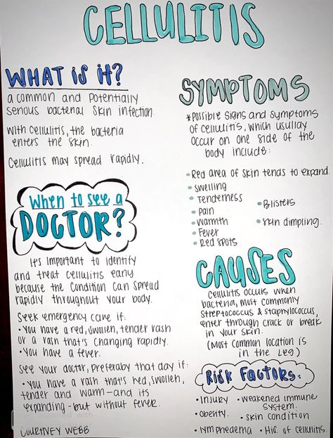 Cellulitis; Nursing School Notes Medical Terminology Study, Nurse Skills, Medical Assistant Student, Paramedic School, Nursing School Essential, Nursing School Motivation, Medicine Notes, Nurse Study Notes, Nursing Student Tips