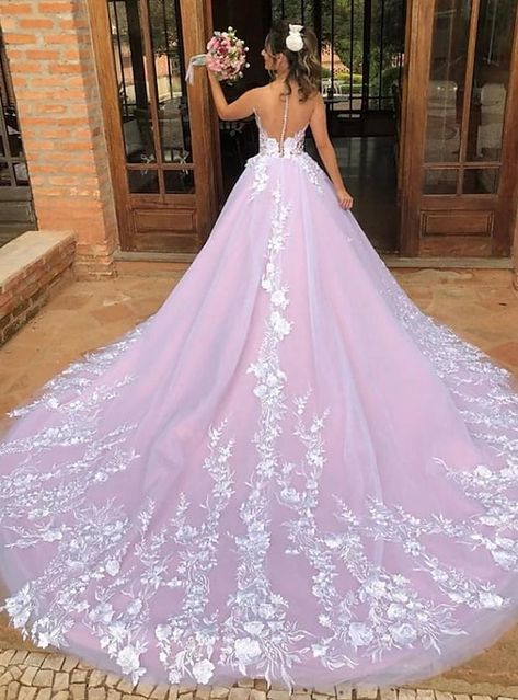 Illusion Bridal Gown, Lavender Wedding Dress, Wedding Dress Necklace, Floral Wedding Gown, Lace Long Prom Dress, Colored Wedding Dress, Pink Wedding Dresses, Lace Ball Gowns, Lace Wedding Dress Vintage