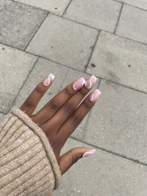 Baby Pink nails with white swirl art Basic Spring Acrylic Nails, Office Acrylic Nails, Corporate Nails Simple, Simple Nail Designs Coffin Shape, Builder Gel Nail Designs Short, Corporate Nail Designs, Cheap Nail Ideas, Minimalist Nails Coffin, Engagement Nails Ideas Simple