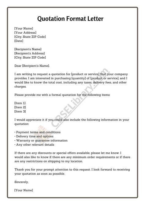 Quotation Format Letter | Format, Sample and How To Write Quotation Format Letter?  - CBSE Library Quotation Letter Sample, Quotation Sample, Letter Format Sample, Letter Writing Samples, Cleaning Service Flyer, Quotation Format, Writing Samples, A Formal Letter, Business Letter