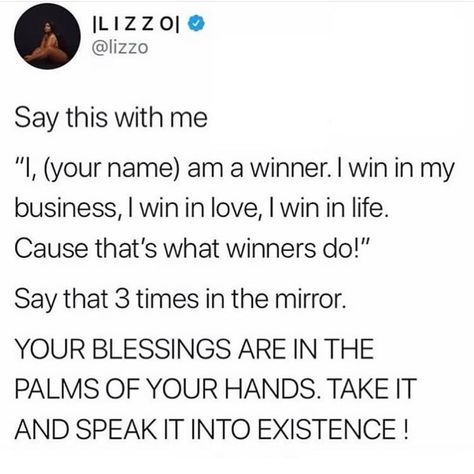 Lucky DeVille on Instagram: “Some positive affirmations to start off your weekend RIGHT! Courtesy of @lizzobeeating 😍😍 • What affirmations make you feel good about…” Lizzo Quotes, Alter Ego Names, Positive Talk, Speak It Into Existence, Some Words, Lyric Quotes, Health And Wellbeing, Coaching Business, Positive Affirmations