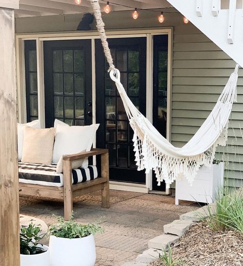 Hammock from @graceoaksdesigns Hammock On Patio, Backyard Swing Ideas, Fun Backyard, Backyard Swings, Birds Chirping, Grill Station, Peaceful Moments, Hanging Hammock Chair, Wooden Swing