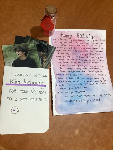 Kim taehyung bts happy birthday love Aesthetic Birthday Cards Handmade For Best Friend, Birthday Gift Ideas For Friends, Birthday Card For Friend, Happy Birthday Cards Diy, Happy Birthday Best Friend Quotes, Creative Birthday Cards, Journal Lettering, Happy Birthday Best Friend, Friend Painting