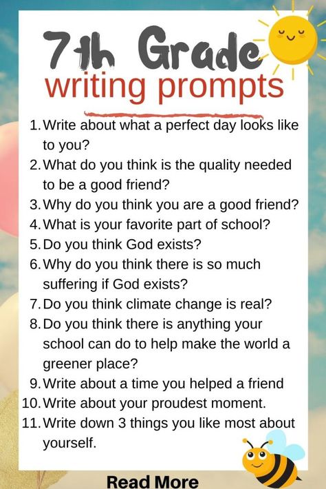 65 creative and fun 7th grade writing prompts - Kids n Clicks 7th Grade Writing Prompts, 7th Grade Writing, Creative Writing Topics, 7th Grade Tips, Middle School Writing Prompts, 6th Grade Writing, Creative Writing Worksheets, Cue Card, Fun Writing Prompts