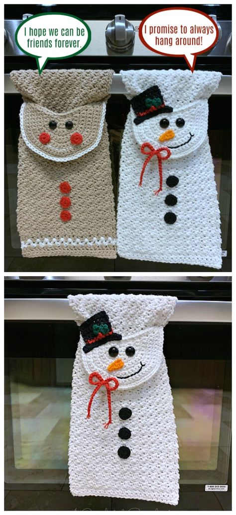 Christmas Kitchen Towel Crochet Free Patterns - Crochet & Knitting Crochet Christmas Towel, Christmas Crochet Dishcloth Patterns, Crochet Holiday Kitchen Towels, Snowman Kitchen Towel Crochet, Knitting Towels, Kitchen Towel Crochet, Crocheted Snowman, Crochet Towels, Towel Crochet