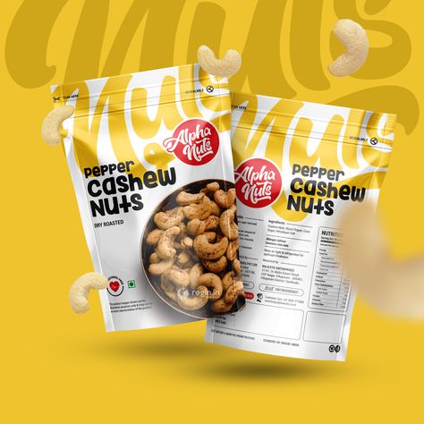 Alpha Nuts Cashew pouch design - 6/8/2020 Nuts Snacks Ideas, Nuts Design Ideas, Cashew Pouch Design, Pouch Label Design, Cashew Nut Packaging Design, Nuts Packaging Design Creative, Snack Label Design, Cashew Packaging Design, Nuts Packaging Ideas