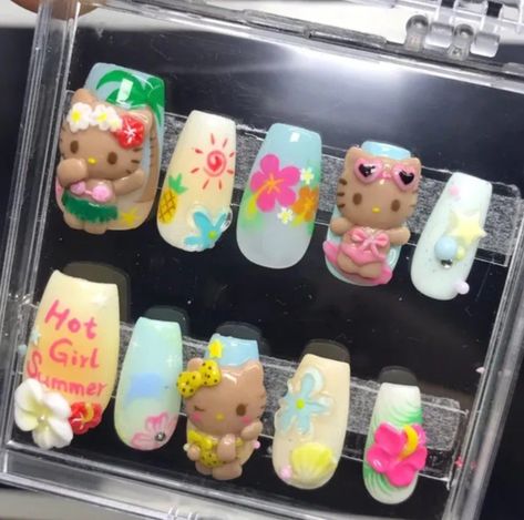 Hawaii Nails, Kitty Nails, Tropical Nails, Cute Simple Nails, Long Acrylic Nail Designs, Hello Kitty Nails, Really Cute Nails, Cat Nails, I Love Nails