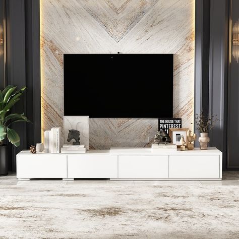 Sleek Entertainment Console - TV Stand with Storage, Media Cabinet - 86.6" - Bed Bath & Beyond - 41187805 Glam Tv Stand, Mid Century Entertainment Center, Unique Tv Stands, White Tv Cabinet, Contemporary Tv Stand, French Living Rooms, Modern Entertainment Center, White Tv, French Living