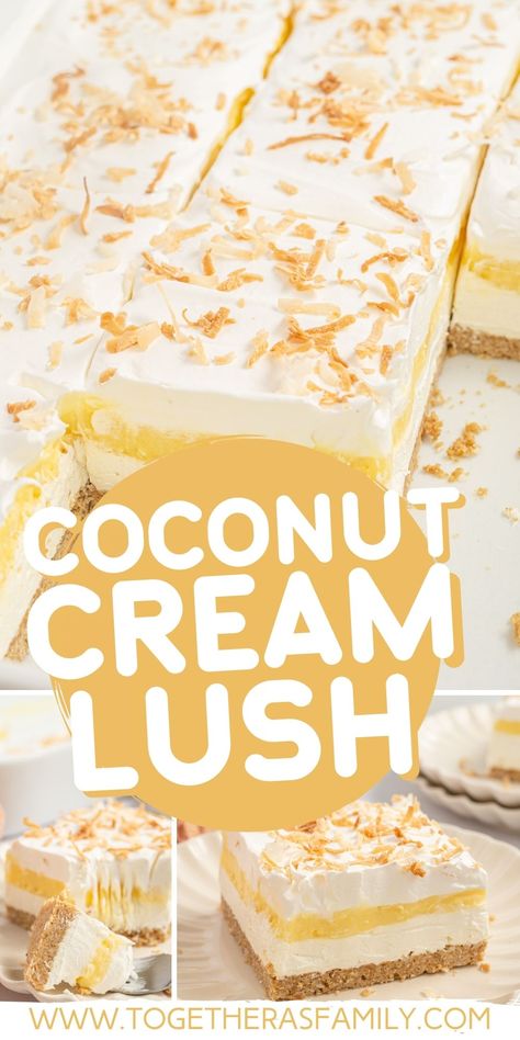 Coconut Lush Dessert Recipes, Coconut Lush Dessert, Coconut Cream Layered Dessert, Coconut Pudding Cake, Coconut Cream Lush, Coconut Lush, Coconut Dessert Recipes, Cheesecake Coconut, Lush Desserts