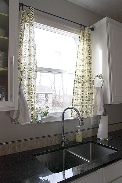 new kitchen curtains? Kitchen Sink Window Treatments, Kitchen Window Over Sink, Farmhouse Kitchen Window Treatments, Window Over Sink, Kitchen Sink Window, Above Sink, Kitchen Window Curtains, Diy Window Treatments, Over Sink