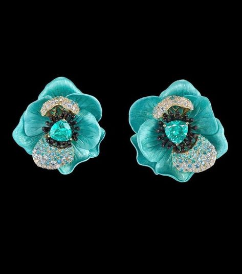 Paraiba Tourmaline, 18k Gold Earrings, Tourmaline Jewelry, Earring Posts, Gold Earring, Floral Jewellery, Fine Jewelry Collection, High Jewelry, Black Enamel