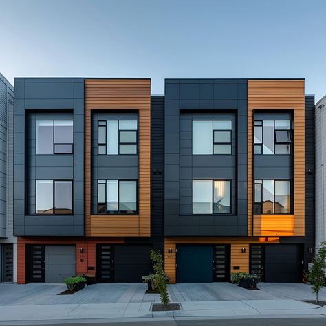 These modern townhouses feature sleek dark façades accented by warm wood panels. Expansive geometric windows ensure bright interiors, while private ground-floor garages and small landscaped front areas add practicality and charm. The clean lines and high-quality materials create a sophisticated urban living environment. Perfect for city dwellers seeking stylish, minimalist homes that blend elegance and functionality. Modern Terrace House Exterior, Australian Townhouse, Modern Townhouse Facade, Townhouses Architecture, Modern Townhouse Designs, Modern Townhouse Interior, Office Building Facade, Townhouse Architecture, Small Townhouse