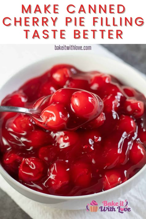 Make canned cherry pie filling taste better by following a few important tips and tricks for a great homemade flavor! I've compiled all of my favorite baking hacks right here for you! This is the ultimate guide to making your canned pie filling as tasty as possible! BakeItWithLove.com #bakeitwithlove #cherry #pie #filling #homemade #tips #tricks #guide Cherry Pie Filling Recipes Easy, Cherry Filling Recipes, Best Cherry Pie, Canned Cherry Pie Filling, Canned Cherry Pie, Homemade Cherry Pie Filling, Pie Filling Desserts, Fruit Snack Recipe, Fresh Cherry Pie