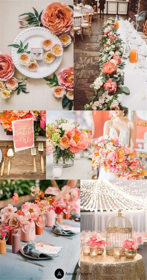 Rustic Coral Wedding, Dessert Coral Wedding, Blush And Coral Wedding, Peach Fruit Wedding, Coral And Burlap Wedding, Colorful Summer Wedding Decor, Floral Wedding Color Schemes, Coral And Green Wedding, Wedding Colors Coral