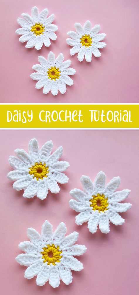 I hope you love this free daisy crochet pattern -a fun beginner crochet flower tutorial! Great for appliques and as an easter craft or crochet idea for teens. Tote Crochet, Crochet Applique Patterns Free, Daisy Crochet, Daisy Duke, Crochet Flowers Easy, Crochet Flowers Free Pattern, Crochet Plant, Crochet Daisy, Crochet Sunflower