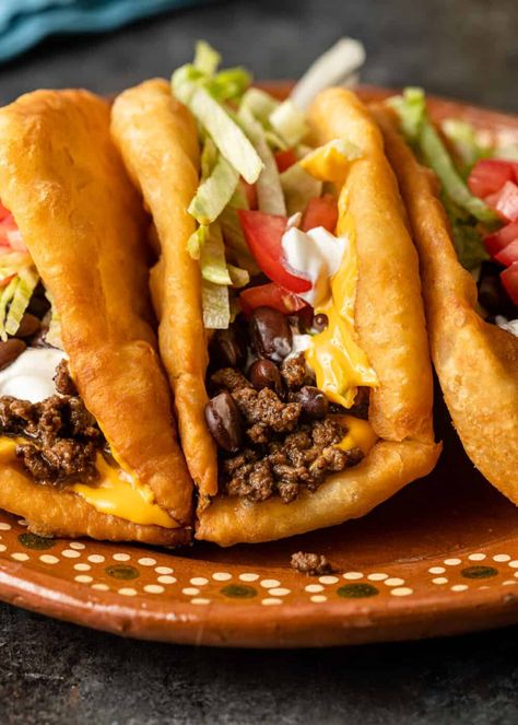 Diy Chalupa, Indian Taco Recipes, Navajo Fry Bread, Fry Bread Tacos, Indian Fry Bread, Navajo Tacos, Indian Tacos, Fried Bread Recipe, Native American Food