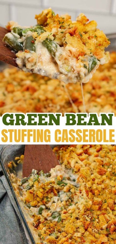 Green Bean Stuffing Casserole is a tasty side dish recipe made with frozen cut green beans, cream of mushroom soup, sour cream, French's crispy fried onions, shredded cheddar cheese, chicken broth and topped with stove top stuffing mix. Green Bean Recipes Casserole Thanksgiving, Green Bean Casserole Mushrooms, Green Bean Casserole Southern, Green Bean Casserole With Mushrooms, Southern Green Bean Casserole, Green Bean Casserole With Cheese, Green Bean Casserole Recipes, Veg Casserole, Green Bean Casserole With Bacon