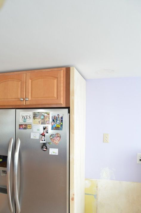 Fridge Cabinet Surround, Diy Fridge Surround, Fridge Side Panel, Fridge Surround, Side Of Fridge, Laundry In Kitchen, Hidden Fridge, Kitchen Soffit, Diy Interior Doors