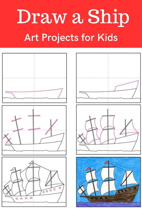 Learn how to draw a Ship with an easy step-by-step PDF tutorial. #howtodraw #tutorial #drawing #drawingtutorial #arttutorial #artprojectsforkids #howtodrawforkids #shipdrawing #ship How To Draw A Ship, Pirate Ship Drawing, Draw Objects, Cc Foundations, Cool Easy Drawings, Tutorial Drawing, Drawing Lessons For Kids, Crayon Drawings, Sketch Portrait