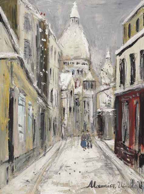 Maurice Utrillo (1883-1955)  Sacré-Coeur en hiver Maurice Utrillo, Claude Monet Art, Paris Painting, Paris Art, Landscape Pictures, Vintage Artwork, Painting Photos, Cubism, Street Scenes