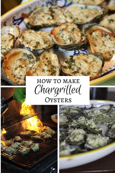 Delicious, cheesy grilled oysters with a decadent garlic butter sauce. Charbroiled Oysters Recipe, Chargrilled Oysters Recipe, Broiled Oysters, Bbq Oysters, Seafood Salads, Cooked Oysters, Smoked Oysters, Grilled Seafood Recipes, Oyster Roast