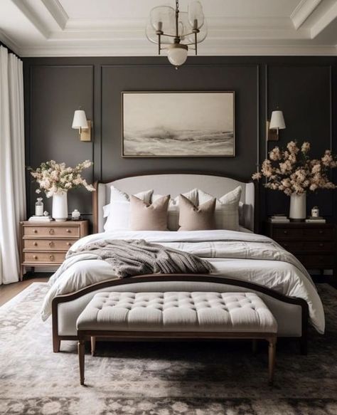 Masterbedroom Luxe Design, Moody Luxury Bedroom, Cozy Transitional Bedroom, Transitional Master Bed, Cozy Master Bedrooms Decor Modern, Transitional Master Bedrooms Decor, Moody Master Bed, Master Bed Decor, Modern Master Bedrooms Decor