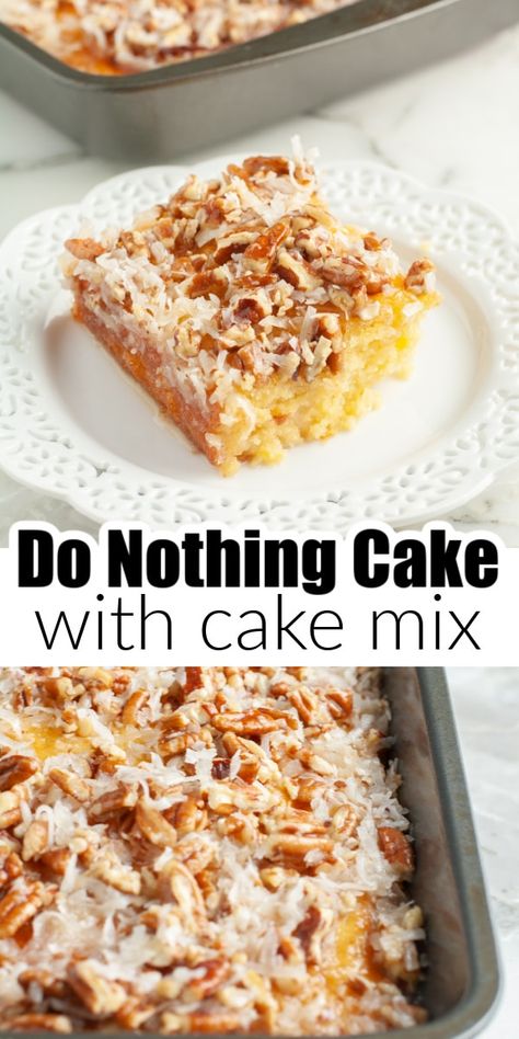 This Do Nothing Cake recipe is made simple with the help of a yellow cake mix. Moist, delicious cake is topped with a sweet topping that includes shredded coconut and chopped pecans. A classic cake that is sure to be a hit. Yellow Cake Dessert Ideas, Do Nothing Tornado Cake Recipe, Vanilla Cake Mix Desserts, Do Nothing Cake Recipe Simple, Almond Cake From Box Cake, Box Cake With Pudding Mix Recipes, Recipes With Yellow Cake Mix Boxes, Easy Box Cake Recipes, White Cake Mix Ideas