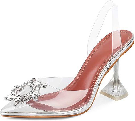 Amazon.com | Women's Clear High Heel Sandals Transparent PVC Stilettos Pointed Toe Crystal Dress Pumps | Heeled Sandals Tacos Transparentes, Transparent Shoes Heels, Talon Transparent, Sandals For Wedding, Transparent Heels Sandals, Farewell Saree, Transparent High Heels, Transparent Sandals, Clear High Heels