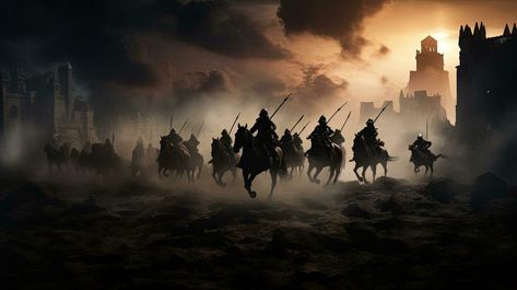 Warriors in medieval battle scene fighting in silhouette against a foggy background with castle Midevil Battle Scene, Battlefield Background, Warrior Background, Battle Background, Foggy Background, Medieval Battle, Battle Scene, The Warriors, Banner Background Images