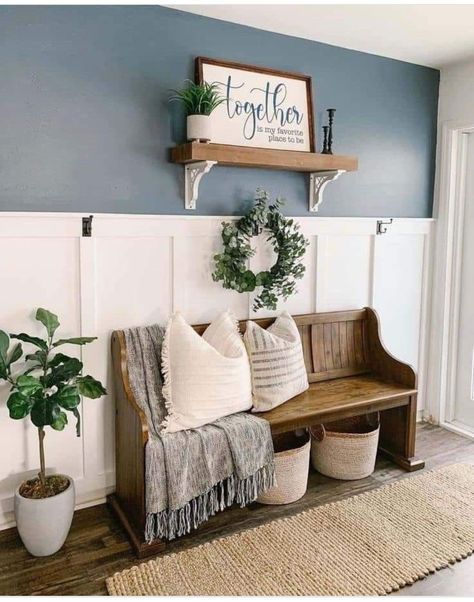 Entryway Pew Bench Decor, Entryway Pew Bench, Old House Entryway, Entryway Board And Batten Wall Decor, Foyer Bench Ideas Entry Ways, Pew Entryway, Church Pew Entryway, Mud Room Laundry Room Combo, Entryway Diy