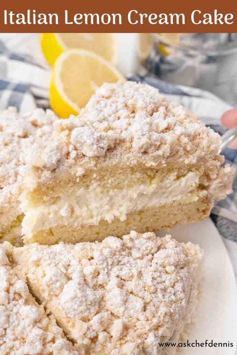 Our Olive Garden copycat of their Italian Lemon Cream Cake with its bright lemon flavor, creamy filling, and crumb topping is the perfect dessert for any occasion. Lemon Cream Cake Olive Garden, Lemon Creamy Dessert, Copycat Olive Garden Lemon Cream Cake, Fall Lemon Cake, Lemon Torte Desserts, Lemon Italian Cake, Cheesecake Factory Lemon Cream Cake, Lemon Chantilly Cake, Italian Buttercream Cake