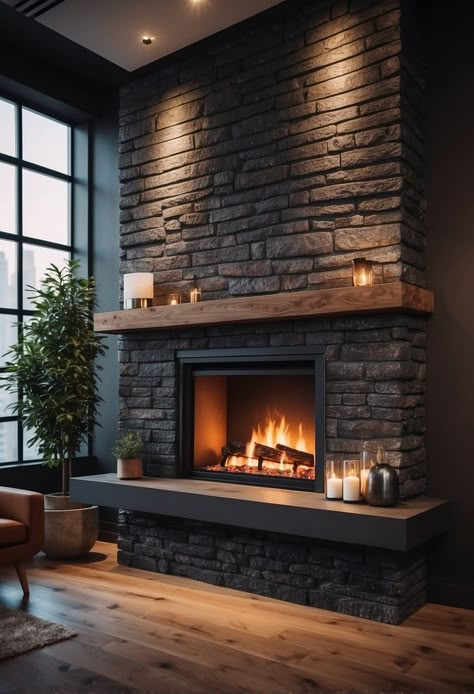 25 Fireplace Accent Wall Ideas to Create the Ultimate Cozy Corner Matt Black Fireplace, Accent Wall Around Fireplace, Brick Wall With Fireplace, Wall Around Fireplace, Full Wall Fireplace, Rock Wall Fireplace, Fireplace Accent Wall Ideas, Stone Fireplace Hearth, Fireplace Accent Wall