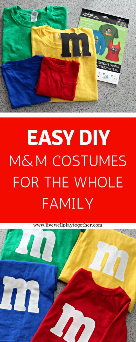 Last Minute DIY M&M Costumes - Live Well Play Together Family M&m Costumes, M&m Outfit, M&m Family Costume, M And M Halloween Costumes Group, M And M Costume Diy, M&m Halloween Costumes, M M Costume Group, M And M Costume Group, Easy Diy Family Costumes