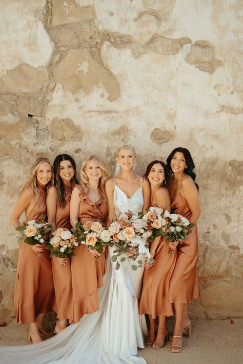 Terracotta Bridesmaids, Terracotta Dress, September Wedding Colors, Indigo Wedding, Rustic Bridesmaids, Rust Bridesmaid Dress, Bridal Party Bouquets, Neutral Bridesmaid Dresses, Orange Bridesmaid