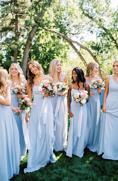 Bridesmaids in Blue Dresses with Bouquets, Outdoor Pic; shared by Buchwald Jewelers Miami, the premier fine jewelry and engagement ring store #bridesmaids #bridesmaidsdresses #bridesmaidsflowers #bridesmaiddress #weddingbluedresses #bluedressbridesmaids Something Blue Wedding Ideas, Blue Wedding Colour Theme, Brides Maid Dresses Blue, Light Blue Wedding Colors, Wedding Colour Theme, Shades Of Blue Wedding, Blue Wedding Ideas, Light Blue Bridesmaid Dresses, Light Blue Bridesmaid