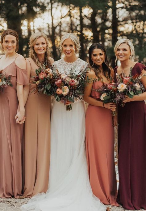 Fall Wedding Bridesmaids, Fall Bridesmaids, Dusty Rose Bridesmaid Dresses, Fall Bridesmaid Dresses, Rose Bridesmaid Dresses, Mismatched Bridesmaid Dresses, Wedding Dress Pictures, Bridesmaid Dress Colors, Fall Wedding Colors