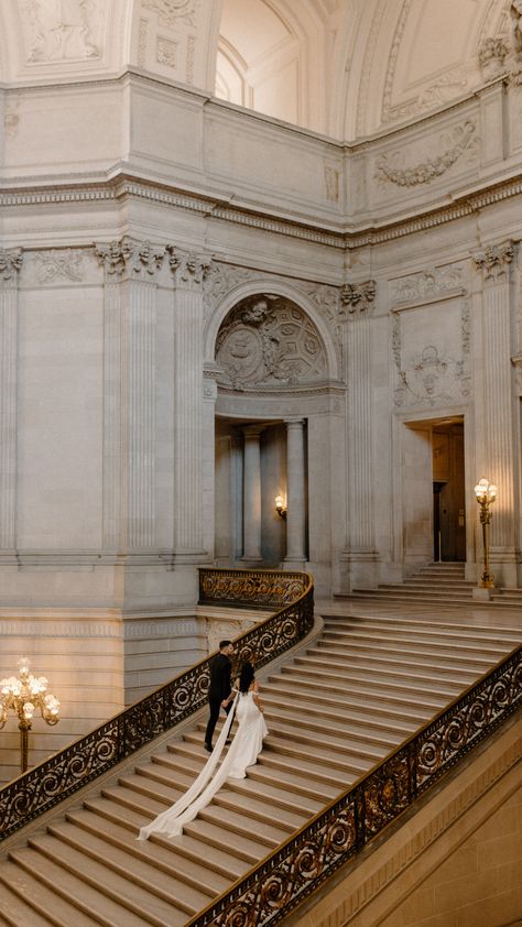 City Wedding Bridesmaid Dresses, Bride And Groom Staircase, Black Tie Vineyard Wedding, Sf City Hall Engagement Photos, Staircase Wedding Photos, Sf City Hall Wedding Photography, City Wedding Aesthetic, Wedding Boutineers, Staircase Wedding