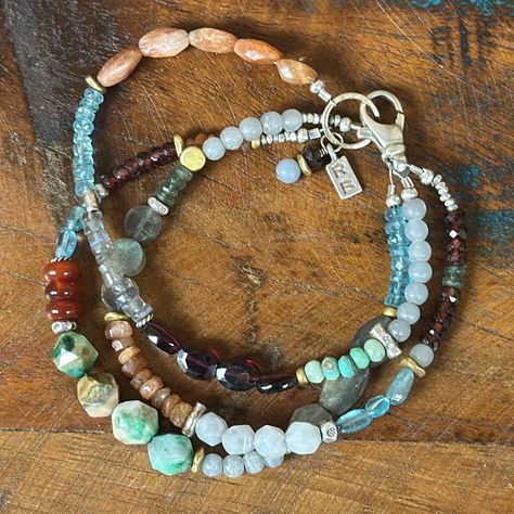 Amazing 3 Tier Bracelet. Beads Include Sun Sandstone, Amazonite, Garnet, Labradorite, Turquoise, Chrysocolla, Gray Moonstone And Thai Silver And Gold Beads. Sundance Style Jewelry, Sundance Jewelry, Sundance Style, Earthy Jewelry, Bohemian Bracelets, Handmade Beaded Jewelry, Bits And Pieces, Beaded Jewelry Patterns, Gemstone Bracelets