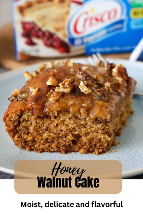 Moist, very delicate and full of amazing texture and flavor, this Honey Walnut Cake is a simple but ultimately pleasing cake for any occasion! #honeycake #walnutcake #bakingideas #dessertideas #bakinginspo Honey Walnut Cake, Honey Nut Cake, English Walnut Recipes, Mouthwatering Desserts, Honey Walnut, Vegan Meat, Walnut Recipes, Walnut Cake, Honey Cake