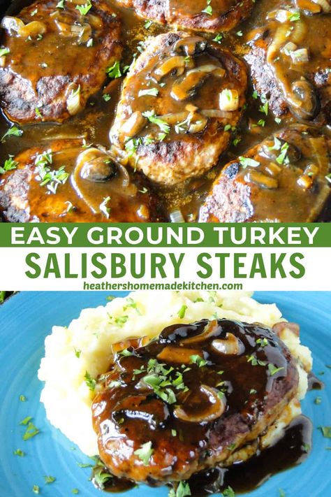 Turkey Steak Recipes, Turkey Salisbury Steak, Recipes Using Ground Turkey, Salisbury Steak Crockpot, Salisbury Steaks, Ground Turkey Burgers, Hamburger Steak Recipes, Homemade Salisbury Steak, Turkey Chops