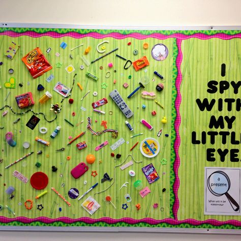 I've done this bulletin board every year, and the kids (and adults) love it! I send out a letter to the parents asking for random items, and this is what I got this year:) The item to search for changes every day. November Bulletin Boards, Interactive Bulletin Boards, Bored Teachers, Library Bulletin Boards, Preschool Bulletin, Preschool Bulletin Boards, 13 November, School Displays, Bulletin Board Display