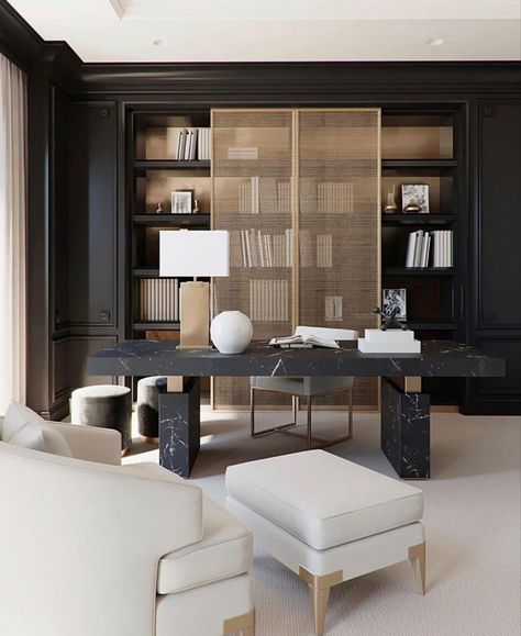 Oversized Desk Home Office, Lounge Chair In Office, Modern Office Room Design, High End Office, Glen Echo, Feminine Office, Modern Office Interiors, Contemporary Home Office, Modern Office Design