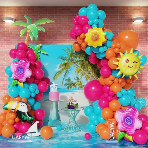 PRICES MAY VARY. 【What You Will Get】:46pcs hot pink balloons,46pcs orange balloons,45cs blue balloons,5pcs tropical foil balloons (sun,hibiscus,toucan,flower),1pcs balloon arch strip tape,1 roll of 100 dot glue. 【Premium Materials】:Our tropical birthday party balloons are made of natural latex, non-toxic. All materials are of high quality and good safety. Please be careful not to overinflate the balloons,or they will be pop and burst easily. 【Wide Application】:The tropical luau balloon garland a Summer Party Balloons, Luau Balloon Arch, Summer Birthday Party Decorations, Tropical Birthday Party, Orange Balloons, Hawaiian Decor, Twin First Birthday, Tropical Birthday, 13th Birthday Parties