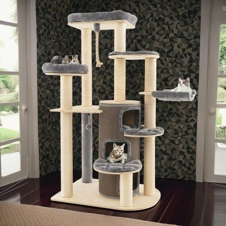 Pefilos large cat tree is 67" tall Featuring 4" thick cushion round perch offer cozy lounge spot. Unlike those 8 cm posts that are easy to break ours adopt stronger 11 cm thick sisal scratch posts. Large round top perch allows felines to enjoy the views from a high place. with 4 well-padded cat perches, 3-layer spacious condos, hammock, toy balls, this multi level cat villa is perfect for multi-cat householdsand to climb up and down. Natural sisal-covered scratching posts stand on each layer for Cat Tree Ideas, Cats Gray, Unique Cat Trees, Cat Villa, Large Cat Tree, Cat Tree House, Cats Stuff, Modern Cat Tree, Cat House Diy