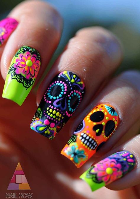 Day of the Dead Nail Designs - Vibrant Souls on Your Nails 62 Day Of The Dead Nail Ideas, Pinata Nails, Day Of The Dead Nails Acrylic, Mexico Theme Nails, Sugar Skull Nails Acrylic, Skull Nails Acrylic, Day Of The Dead Nail Art, Satanic Nails, Dia De Los Muertos Nail Ideas