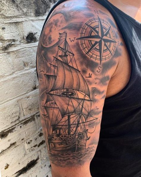 Compass Sailing Tattoo, Nautical Ship Tattoo, Ship Sailing Tattoo, Black And White Ship Tattoo, Galleon Ship Tattoo, Nautical Sleeve Tattoo Mens, Nortical Tattoo Sleeve, Duality Of Man Tattoo, Nautical Half Sleeve Tattoo