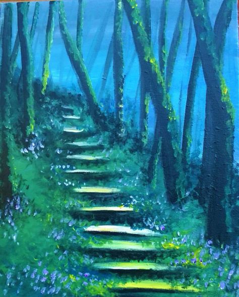 Fairy Tale Forrest painting idea with pretty little blue flowers along the steps and misty blue sky peeking behind the trees. Fairy Tree Painting, Simple Fantasy Painting Ideas, Painting Ideas Fantasy Easy, Fairy Landscape Painting, Blue Forest Painting, Simple Fairy Painting, Fantasy Painting Ideas On Canvas, Whimsical Forest Painting, Fantasy Painting Ideas Easy