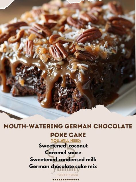 🍫 Dive into the decadence of Mouth-watering German Chocolate Poke Cake! A rich and moist dessert experience. 🍰🍫 #GermanChocolateCake #PokeCake Mouth-watering German Chocolate Poke Cake Ingredients: German chocolate cake mix (1 box) Sweetened condensed milk (1 can) Caramel sauce (1 cup) Sweetened shredded coconut (1 cup) Pecans (1 cup, chopped) Chocolate frosting (1 tub) Whipped topping (1 tub) Instructions: Bake the cake according to package instructions in a 9x13 inch pan. While still wa... German Chocolate Poke Cake, Coconut Caramel Sauce, Chocolate Cake Mix Recipes, Pound Cake Recipes Easy, German Chocolate Cake Mix, Chocolate Poke Cake, German Cake, Scrumptious Food, Poke Cake Recipes